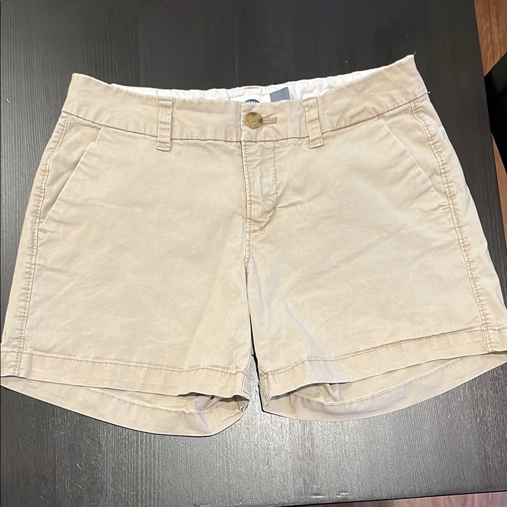 Tan Bermuda Shorts with Cuffed Hems and Flat Front